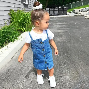 1-4T Yürüyor Çocuk Bebek Kız Giysileri set Üstleri T-shirt Denim Önlük Etek elbise seti 2 ADET Moda Streetwear Sevimli Tatlı Kıyafetler