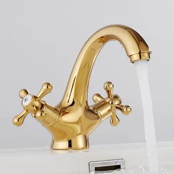 1 ADET Retro Lüks pirinç altın banyo havzası lavabo musluğu güverte üstü çift kolu sıcak ve soğuk su karışımı dokunun Altın musluklar