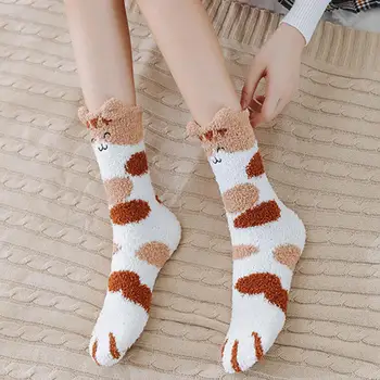 1 Çift Mercan Polar Çorap Kadın Sevimli Tüp Çorap Sonbahar Kış Kat Sevimli Pençeleri Çorap Polar Sıcak Kalın Uyku Kedi R0J0