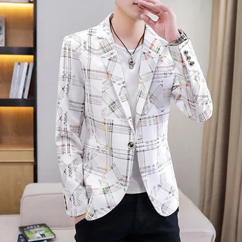 2021 Yeni Ekose Blazers Erkekler Slim Fit İş günlük giysi Ceket Kore Düğün Sosyal Ofis Elbise Ceket Streetwear Kostüm Homme