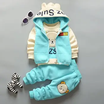 2021 Yeni Kış Çocuk Giyim Seti Kız Pamuk Çizgi Film Kalın Polar Hoodies + Yelek + pantolon 3 adet Takım Elbise Erkek Sıcak Clothes0-5Y