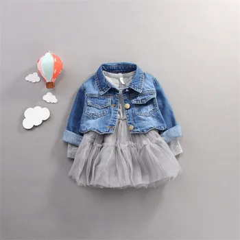 2022 İlkbahar Sonbahar Bebek Bebek Kız Giysileri Setleri Prenses Denim Ceket + Elbise 2 Adet Set Yürüyor çocuk Uzun Kollu Kıyafet Takım Elbise