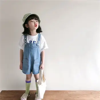 2023 Yeni Yaz Kore Tarzı Kız Tulum Sevimli Moda Yıkanmış Kot Denim Romper Sapanlar kısa pantolon Butik Tulum 2-8 yıl