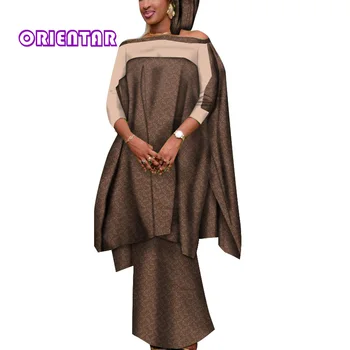 3 Parça Set Afrika Kıyafetler Kadınlar için Rahat Bluz ve Etekler Başörtüsü ile Bayan Afrika Giysi Kadınlar için Bazin Riche WY7946
