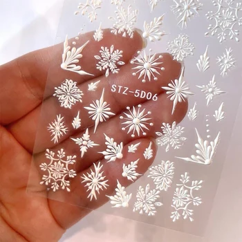 5D Beyaz Kar Taneleri Kabartmalı Sticker Noel Yeni Yıl Tırnak Sanat Tasarım Kış Akrilik Çiçekler Manikür Kaymak Çıkartmaları NL206-202