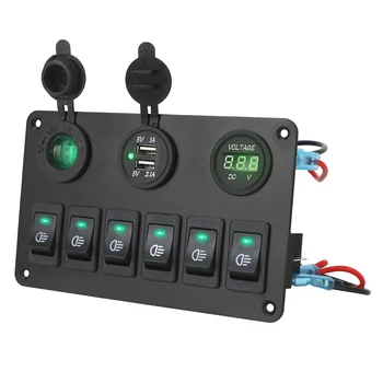 6 Gang Rocker anahtarı paneli DC 12 V / 24 V araba deniz devre kesici LED dijital voltmetre su geçirmez çift USB bağlantı noktaları ON / OFF ışıkları