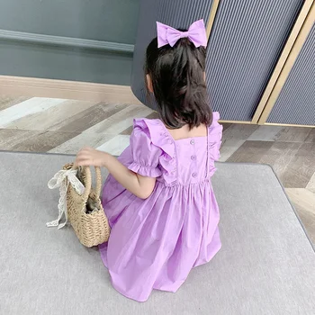 Bebek Kız Elbise Pembe Yaz 2020 Moda Yenidoğan Bebek Yürüyor Kız Pamuk Elbise Fırfır Puf Kollu Vestido Düğmesi Bebek Giysileri