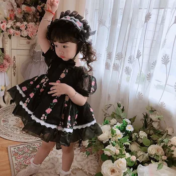 Bebek Kız Yaz Siyah Dantel Lolita Balo Prenses Elbise Tatil Parti için