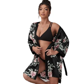 Büyük Boy 5XL Kimono Banyo Elbisesi V Yaka Yaz Salonu Saten Elbise Kemer Kadın Pijama Baskılı Gecelik Uzun Uyku Elbise