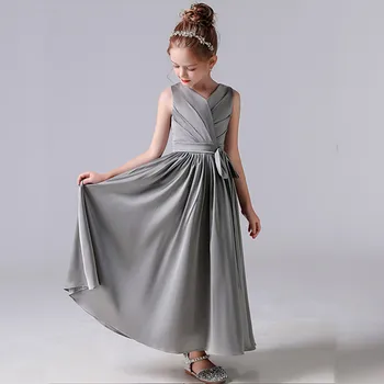 Dideyttawl Pilili Kız Elbise Parti Düğün İçin 2023 Gri V Yaka Ayak Bileği Uzunlukta Kolsuz Zarif A-Line Genç Konser Elbisesi
