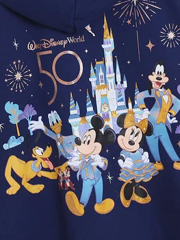 Disney Kazak 50th Yıldönümü Disney Dünya Kale Mickey Mouse Mektup Karikatür Baskı Moda Kadın Kapşonlu KADİFE Jumper Tops