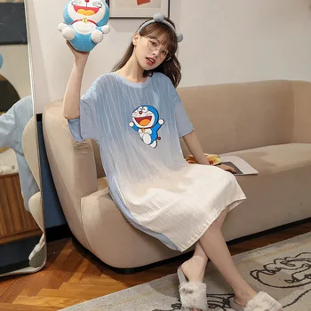 Doraemon Karikatür kadın Yaz Kısa Kollu Pijama Kadın Kore Tatlı gecelik Pijama Kadın Kıyafeti Uyku Elbise 2022