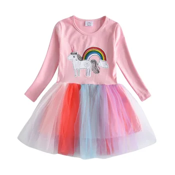 Dxton Çocuklar Elbiseler Unicorn Karikatür Kız Elbise Doğum Günü Çocuk Giyim Balo Uzun Kollu Elbise Bebek Kız İçin 3-8Y
