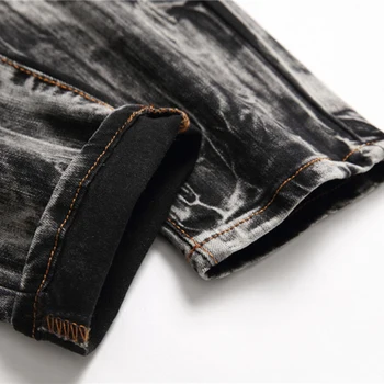 Erkek Patchwork Yırtık Kırpma Kot Moda Streetwear İnce Düz Streç Kot Pantolon Orta Bel Ayak Bileği Uzunluğu Pantolon