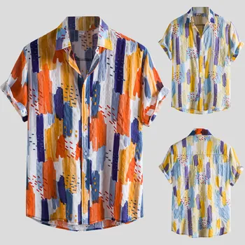 Erkek Yaz Keten Gömlek Yüksek Kaliteli Renkli Baskı Gömlek Moda Modernize Kısa Kollu Casual Düğme Tee Gömlek Erkekler İçin Giyim