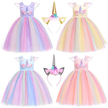 Gökkuşağı ünikorn Bebek Kız Elbise Yaz Örgü Küçük Prenses Parti Elbise Ve Kafa Bandı 2 Adet Çocuk Giysileri 3 4 5 6 7 8 9 10 Yıl