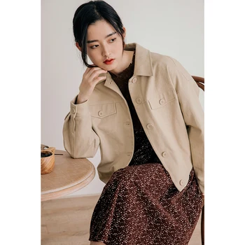 INMAN kadın ceketi Sonbahar Kış Vintage Minimalist Sivri Yaka Dekoratif Cep Saf Renk Kısa Ceket