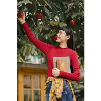 INMAN Sonbahar Kış Sıska Kazak Sevimli Tatlı kadın Tomurcuk Yüksek Yaka Kırmızı Triko Dalgalı Kenar Zarif Dip Kazak