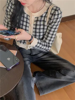Ins Kore Tarzı Sonbahar Ekose Hırka Kadın Düğmeleri Rahat Kırpılmış Örme Kazak Ceket Çekin Femme Blusa De Frio Feminina
