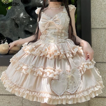 Japon Gotik Lolita Prenses Jsk Elbise Kadınlar Vintage Kawaii Bow Ruffles Kalp Kayma Elbise Kız Tatlı Y2k Punk Parti Elbiseler