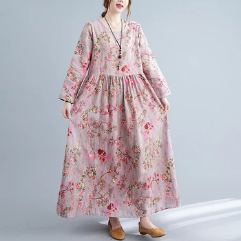 Kadın Pamuk Keten Rahat Pembe Elbise Yeni Varış 2022 Sonbahar Vintage Stil O-Boyun Çiçek Baskı Gevşek Kadın A-line Uzun Elbiseler