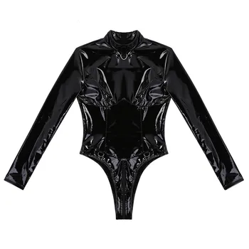 Kadın Tek parça Wetlook Patent Deri İç Çamaşırı Yüksek Yaka Uzun Kollu Çift Fermuarlı Leotard Bodysuit Seksi Kıyafeti Clubwear