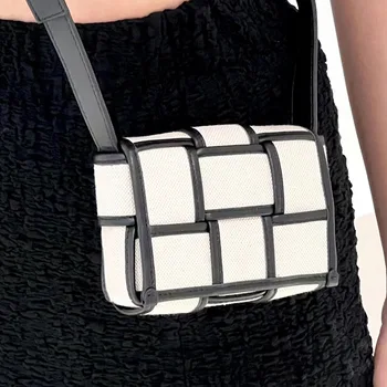 Kadın Tuval Ve Deri Dokuma askılı çanta Tasarımcı Çanta Crossbody Çanta Siyah Ve Beyaz Küçük Kare omuzdan askili çanta Telefon Kılıfı