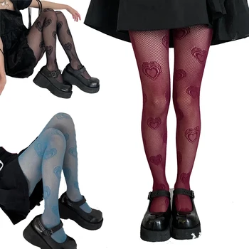 Kalp Baskı Tozluk Lolita Örgü Çorap Hollowed Dışarı Kadın Japon Külotlu Çorap Siyah Kırmızı Mor Retro Çorap Gotik Tayt