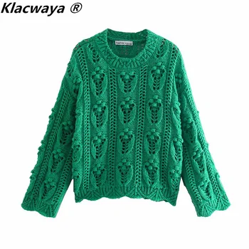 Klacwaya 2021 Kadın Moda Yeşil Top Şeklinde Hollow Out Örme Kazak Vintage Yuvarlak Boyun Kadın Streetwear Gevşek Kazak Üst