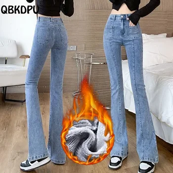 Kore Moda Artı Kadife Flare Kot Kadın Kalın Peluş Sıska Vaqueros Çan Alt Pantolon Sonbahar Kış sıcak Kot Pantolon