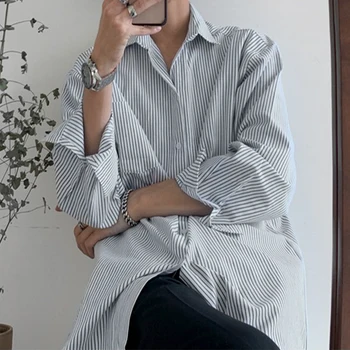 Kore Çizgili Tek Göğüslü Düğme erkek gömleği Gevşek Yaka Uzun Kollu Gömlek Erkekler 2021 Yeni Sonbahar Eğlence Dip Erkekler Üst