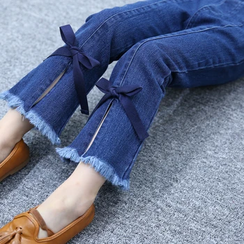Kızlar 2022 Denim Elastik Bel Pamuklu Denim Pantolon Kız günlük kot Genç çocuk pantolonları Dış Giyim Sonbahar Bahar