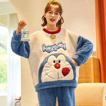 Kış Kalınlaşmak Çiftler Pijama Takım Elbise Kadın Erkek Karikatür Doraemon Pijama Setleri Pijama Yumuşak Sıcak Kore Pijama Femme Severler Seti