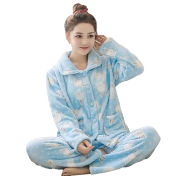 Kış yeni ev giysileri kalınlaşmış mercan polar bayanlar pijama açık göğüs tavşan toka yaka sonbahar pazen pijama 2 parça set