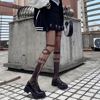 Lolita Gotik Tayt Kadın Streetwear Harajuku Pentagram See Through Fishnet Çorap Merkezi Goth Estetik Alt JK Külotlu Çorap