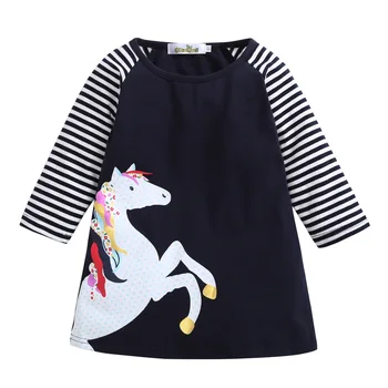 LYHO Küçük Kız Elbise Uzun Kollu Elbise Bebek Giysileri Günlük Elbiseler Çocuklar için 2-9 Yıl Şerit At bebek kıyafetleri