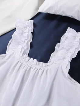 Lınad Kare Boyun kadın Kıyafeti Beyaz Fırfırlı Pijama Seti Kadın 2 Adet %100 % Pamuk Ev Takım Elbise Kolsuz Gevşek Pijama Kadın
