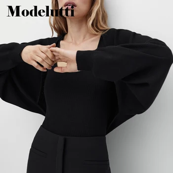 Modelutti 2022 Yeni Bahar Sonbahar Moda Kadın Nervürlü Örgü Kazak Hırka Kısa Ceket Düz Renk Basit Rahat Üst Kadın