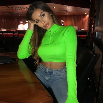 Neon Balıkçı Yaka Uzun Kollu Kazak Mahsul Kazak Kadın Sonbahar Streetwear Floresan Yeşil Turuncu Pembe Örme Seksi Şerit Üstleri