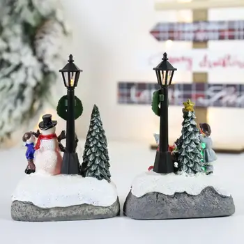 Noel Led ışıkları küçük kardan adam noel ağacı köy evi manzara masaüstü reçine süs figürleri ışık H4m6