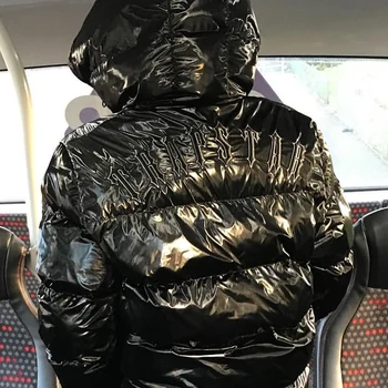 Parlak Siyah Londra şişme ceket erkekler Kadınlar Kışlık Mont Trastar Mektup Nakış Parlak Ceket ayrılabilir kapüşon Üst Dış Giyim