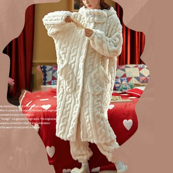 Pijama Setleri Kadın Kawaii Pazen Sıcak Hayvan kulaklar Şapka Gevşek Pijama Konfor Kış Kalın Tatlı Öğrenciler Pijama Uzun Kollu