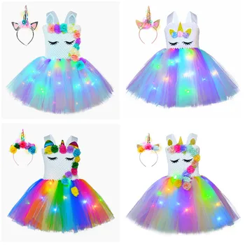 Prenses Unicorn Elbise LED ışıkları ile Kız Elbise Cosplay Gökkuşağı Çocuk Doğum Günü Cadılar Bayramı Unicorn Parti Kostüm kafa bandı İle