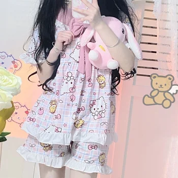 Sanrio Hello Kitty Pijama Yaz Sevimli Karikatür Desen Kıyafeti Japon Yumuşak Kız Dantel Tatlı Yay İle Ev Giysileri Kadın Y2k