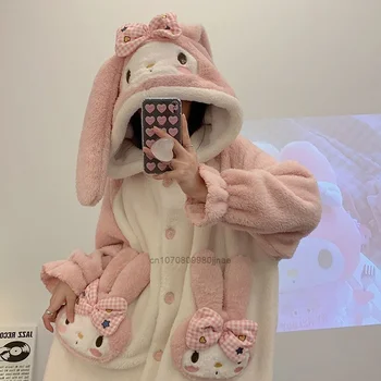 Sanrio My Melody Kış Yeni Moda Pijama Y2k Kız Kalın Kapşonlu Sıcak Sevimli Ev Giyim Setleri Kadın Karikatür Peluş Gecelik