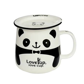 Sevimli Panda Fincan Kapaklı Karikatür Siyah ve beyaz fincan Seramik kahve kapaklı kupa kahve kaşığı