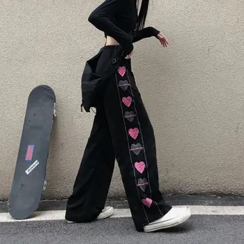 Siyah Kore Kalp Baskı Pantolon Sevimli Kız Harajuku Pantolon Kadın Streetwear Yaz Sonbahar Moda Gotik Sweatpants Kadınlar