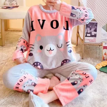 Sonbahar Kış Flanel Pijama Kadın Öğrenciler için Sevimli Kadife Kalınlaşma Sıcak Pijama Karikatür Mercan Kadife Ev Giyim Giysi