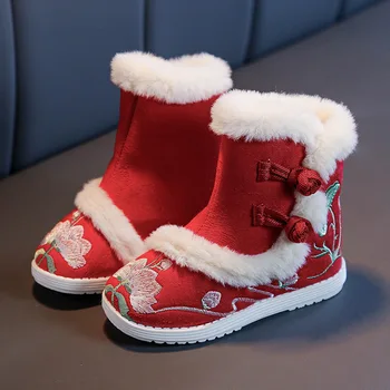Sonbahar Kış Kız yarım çizmeler Çin Tarzı Işlemeli pamuklu ayakkabılar Sıcak Peluş Kar Botları Kırmızı Çocuk Dans Performansı Ayakkabı