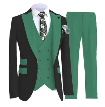 Takım elbise Ceket Yelek Pantolon 3 Adet Set / Moda erkek Rahat Butik İş Renk Eşleştirme Kruvaze Yelek Blazers Ceket